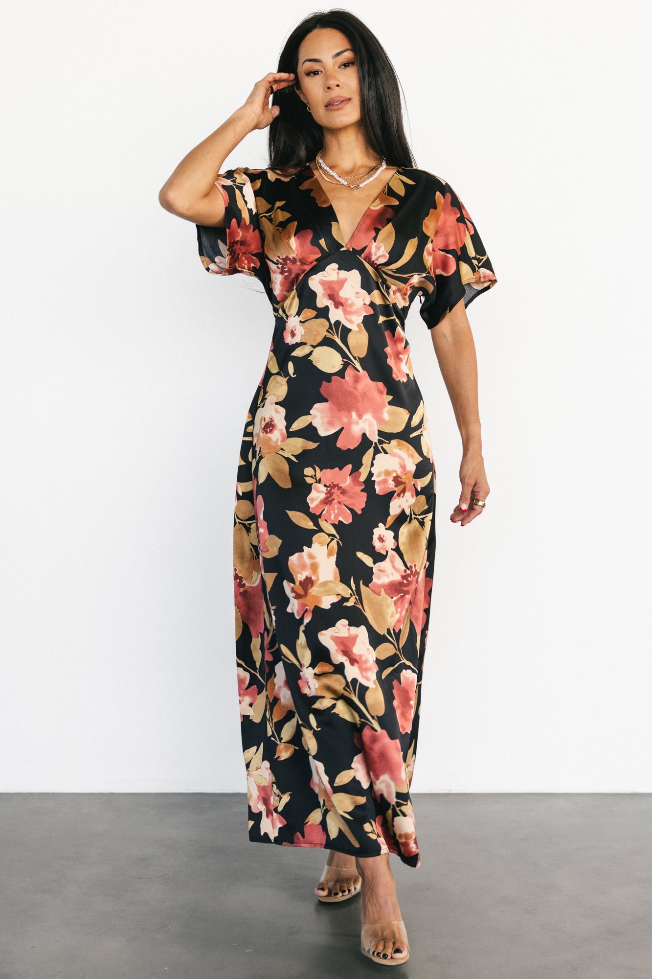 Milana Satin Maxi Dress | Black Floral