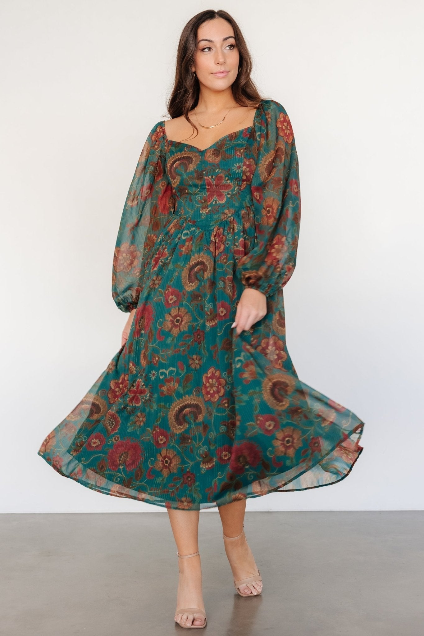 Babette Basque Waist Dress | Teal Multi Floral