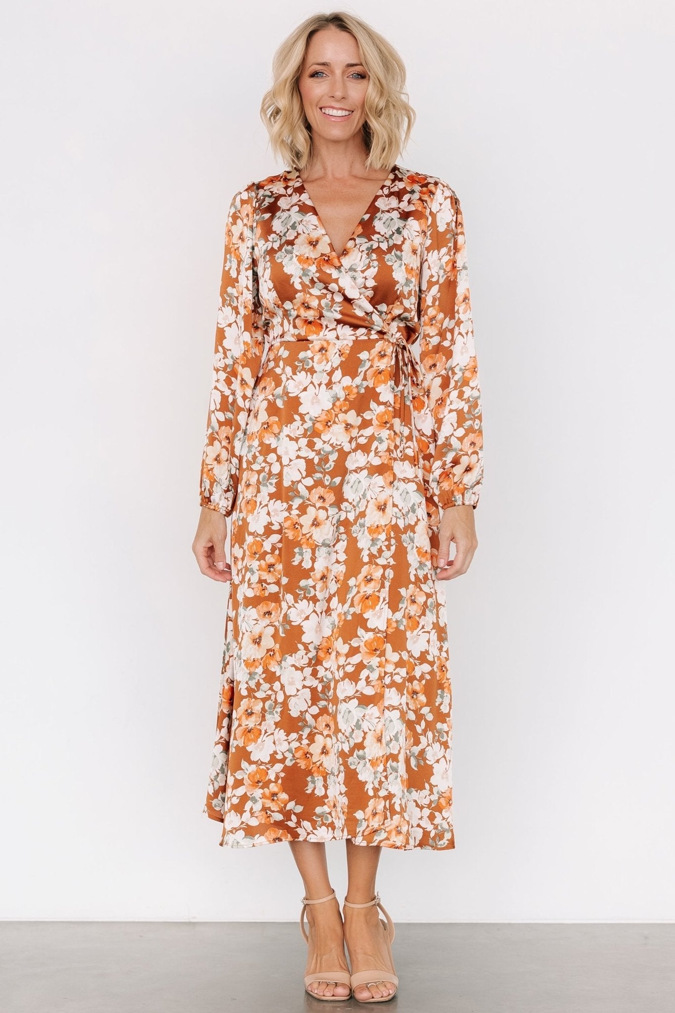 Clarissa Faux Wrap Midi Dress | Copper + Ivory
