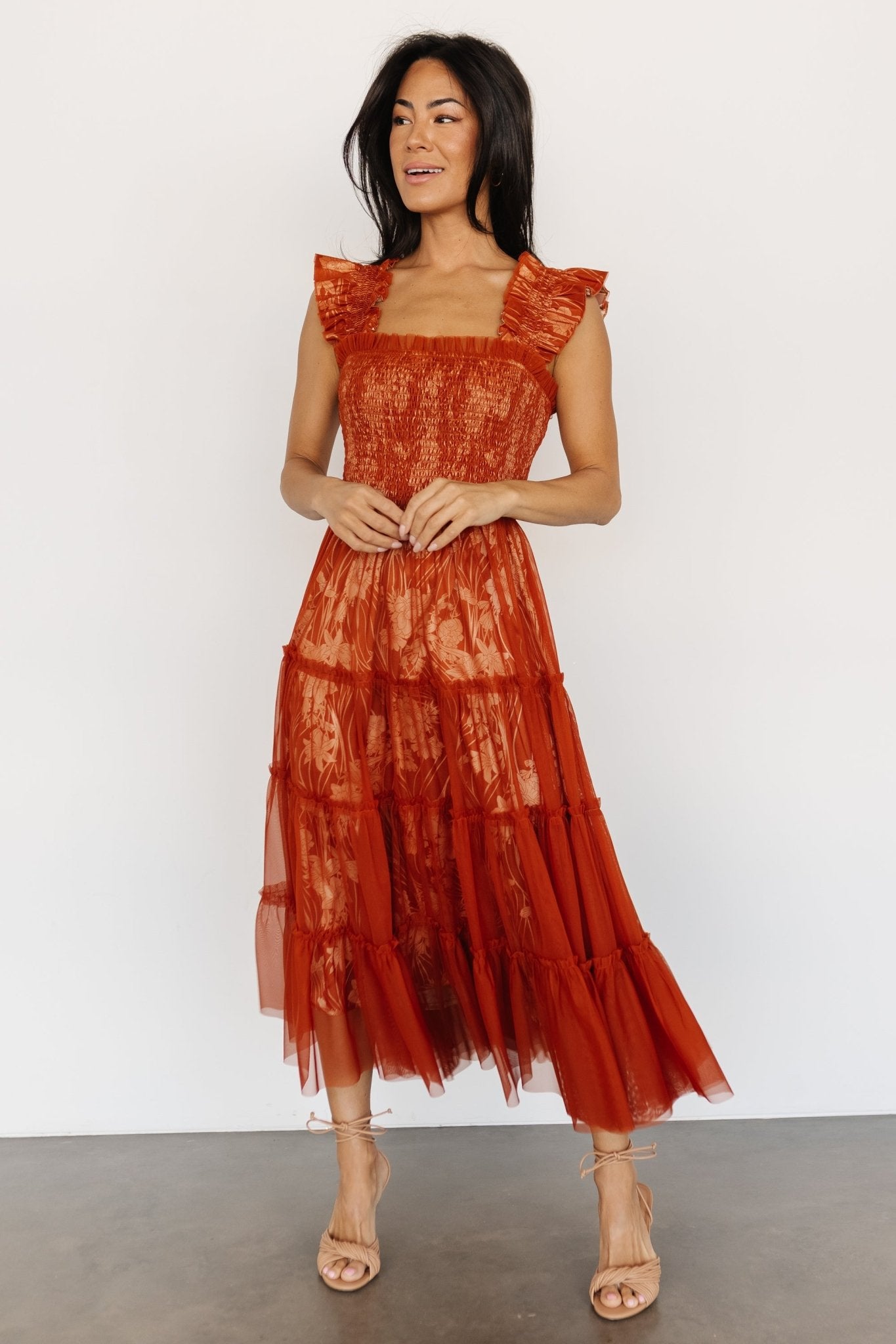 Cora Smocked Tulle Dress | Rust Floral