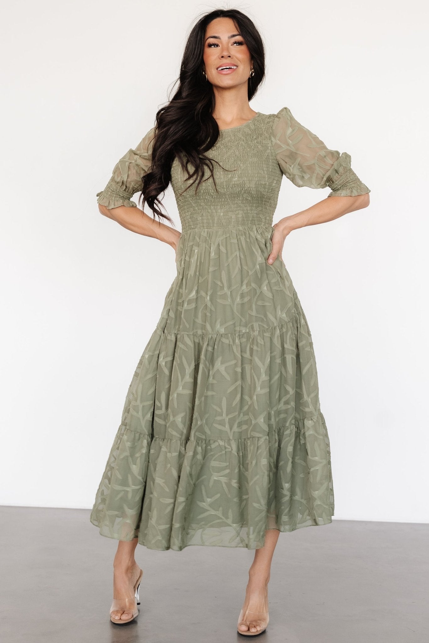 Nellie Smocked Midi Dress | Sage Green